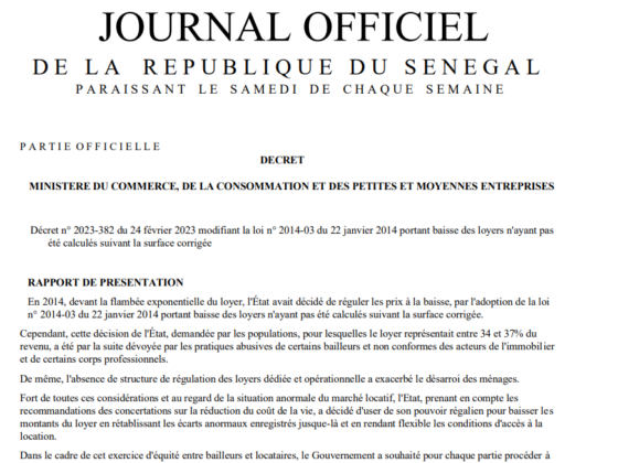 DECRET N° 2023-382 DU 24 FEVRIER 2023 MODIFIANT LA LOI N° 2014-03 DU 22 JANVIER 2014 PORTANT BAISSE DES LOYERS N’AYANT PAS ETE CALCULES SUIVANT LA SURFACE CORRIGEE