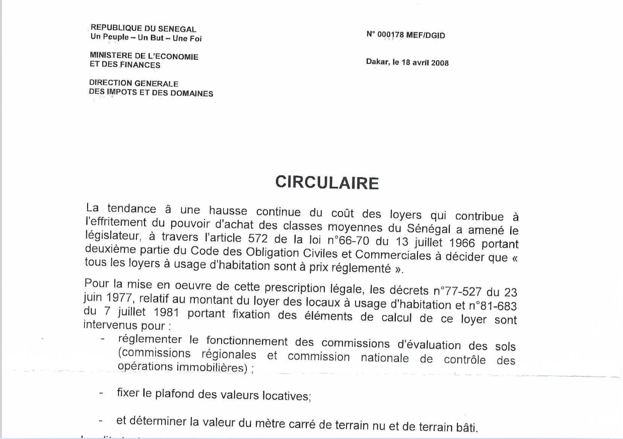 CIRCULAIRE N° 000178 MEF - DGID - Dakar le 18 avril 2008